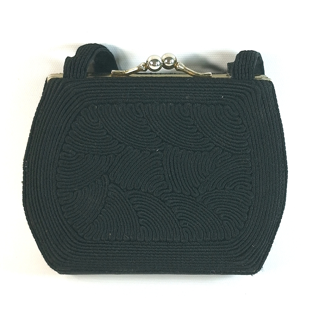 1940s Mini Black Corde Purse Handbag Gold Tone Clasp Two Straps